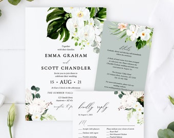 Editable Orchid Protea Wedding Invitation Suite, Tropical Floral Greenery RSVP Details White Green Printable Template Instant Download 546-A