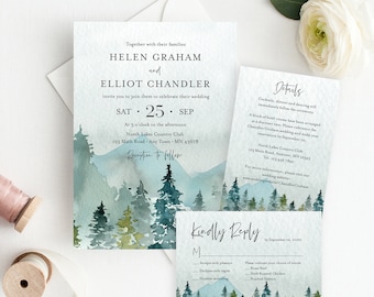 Outdoors Mountains Editable Wedding Invitation Suite, Rustic RSVP Details, Woodland Printable Template, Instant Download, Templett 531-A