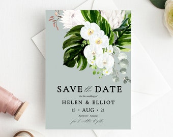Editable Protea Orchid Save the Date, Tropical Floral Printable Save the Date DIY Template, Destination Wedding, Instant Download, 546-A