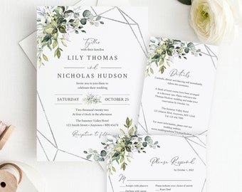 Greenery Silver Geometric Editable Wedding Invitation Suite, Botanical RSVP Details, Printable Template, Foliage, Instant Download, 568-A