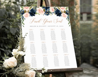 Blush Rose Gold Navy Editable Seating Chart, Printable Table Plan, 18 x 24 24 x 36, A1 A2, Seating Chart Template, Instant Download, 542-A