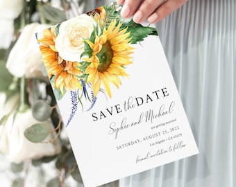 Sunflower Editable Save the Date, Yellow Floral Greenery Printable Save our Date DIY Template, Roses Sunflower Date, Instant Download 565-A