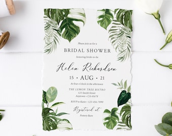 Tropical Greenery Editable Bridal Shower Invitation, Monstera Shower Invite Template Palm Foliage Botanical Printable Instant Download 550-A