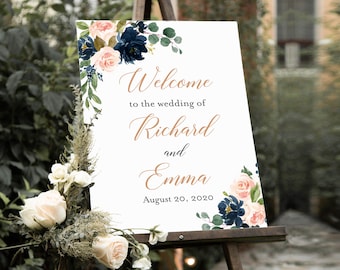 Navy Blush Rose Gold Floral Editable Wedding Welcome Sign, Shower Sign, Unlimited, 16 x 20 18 x 24 24 x 36, Template Instant Download 542-A