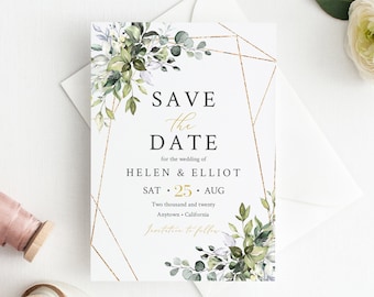 Foliage Botanical Save the Date, Greenery Gold Geometric Editable Save our Date, Printable DIY Template, Instant Download, 538-A