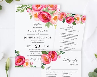 Editable Coral Blush Fuchsia Wedding Invitation Suite, Pink Greenery Floral RSVP Details, Peonies Printable Template, Instant Download 571-A