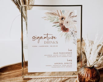 Editable Pampas Grass Cocktails Sign, Terracotta Boho Signature Drinks Sign, Bohemian Printable Wedding His Her Sign Template Download 590-A
