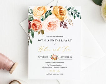 Golden Floral Editable Anniversary Party Invitation, Blush Green Boho 25th 30th 40th 50th Anniversary DIY Template, Instant Download 540-A