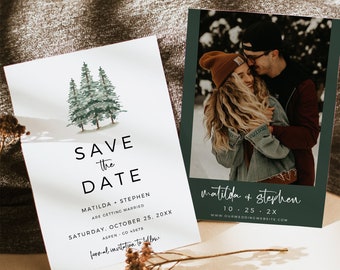 Woodland Save the Date, Rustic Save our Date, Minimal Forest Save the Date, Winter Wedding Photo Card, Minimalist, Editable Template 588-A