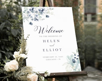 Winter Floral Editable Wedding Welcome Sign, Navy Gray Shower Sign, Unlimited Signs, 16 x 20 18 x 24 24 x 36 Template Instant Download 544-A