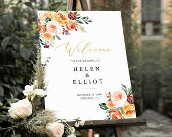 Fall Gold Blush Floral Editable Wedding Welcome Sign, Shower Sign, Unlimited Signs, 16 x 20 18 x 24 24 x 36, Template Instant Download 540-A