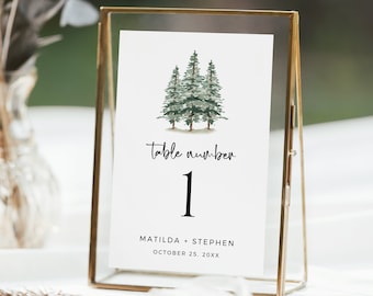 Woodland Editable Table Numbers, Modern Evergreen Pine Wedding Table Numbers, Printable Forest Template, Instant Download, Templett 588-A
