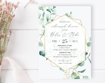 Gold Eucalyptus Geometric Editable Rehearsal Dinner Invitation, DIY Invite Template, Printable, Instant Download, Templett, 533-A