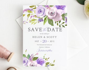 Editable Dusty Lilac Floral Save the Date, Lavender Wisteria Printable Save the Date DIY Template, Dusky Purple, Instant Download, 555-A