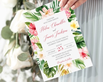 Printable Tropical Floral Wedding Invitation, Editable Pink Hibiscus Wedding Invite, Pink Greenery Palms, Template, Instant Download, 508-A