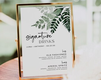 Editable Modern Botanical Signature Drinks Sign, Printable Minimal Cocktails Sign, Fern Foliage Wedding His Her Sign Template Download 586-A