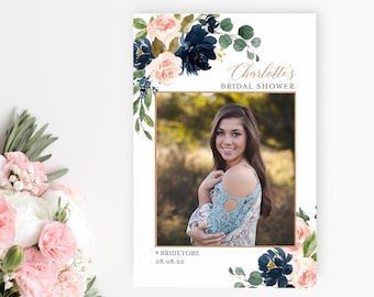 Editable Rose Gold Pink Navy Floral Photo Prop, Wedding Bridal Shower Photo Frame, Photo Booth 24 x 36 A1, Template, Instant Download 542-A