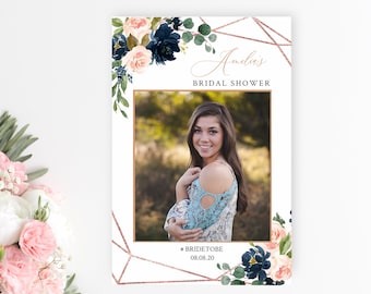 Rose Gold Navy Blush Floral Editable Photo Prop, Wedding Bridal Shower Photo Frame, Photo Booth 24 x 36 A1, Template, Instant Download 529-A