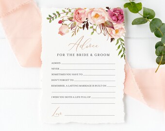 Editable Peonies Blush Rose Gold Advice for the Bride and Groom, Pink Printable Bridal Shower Template, Advice Card, Instant Download 516-A