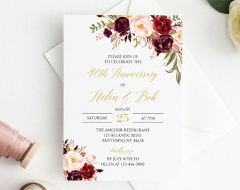 Blush Burgundy Gold Floral Editable Anniversary Party Invitation, Boho 25th 30th 40th 50th Anniversary DIY Template, Instant Download 512-A