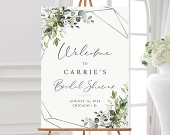 Editable Silver Geometric Foliage Bridal Shower Welcome Sign, Greenery Shower Sign, Eucalyptus Botanical, 3 Sizes Template, Download 568-A