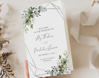 Editable Foliage Silver Booklet Program, Printable Foldable Botanical Wedding Program, Greenery Program DIY Template, Instant Download 568-A