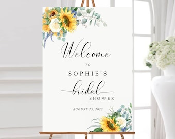 Editable Sunflower Bridal Shower Welcome Sign, Yellow Floral Eucalyptus Shower Sign, 16 x 20 18 x 24 24 x 36 Template Inst Download 565-A