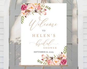 Editable Blush Rose Gold Floral Bridal Shower Welcome Sign, Green Pink Boho Shower Sign 16 x 20 18 x 24 24 x 36 Template Inst Download 516-A