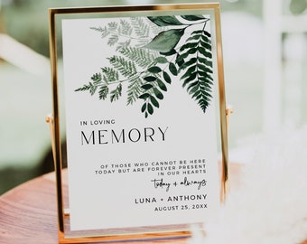 Editable Modern Botanical In Loving Memory Sign Template, Memorial Sign, Fern Foliage Printable Wedding Signage, Minimal, Download 586-A