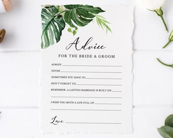 Editable Tropical Greenery Advice for the Bride and Groom, Monstera Bridal Shower Template, Printable Advice Card, Green Gold Download 550-A