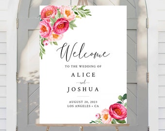 Editable Coral Fuchsia Floral Wedding Welcome Sign, Pink Unlimited Custom Signs, 16 x 20 18 x 24 24 x 36 Template, Instant Download, 571-A