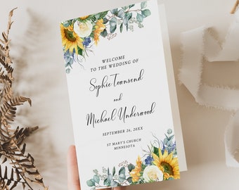 Editable Sunflower Booklet Program, Printable Foldable Yellow Floral Wedding Program, Eucalyptus Program Template, A4 Instant Download 565-A