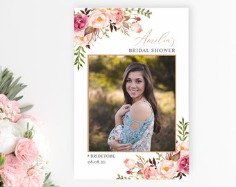 Blush Pink Wedding Bridal Shower Photo Frame, Rose Gold Floral Editable Photo Prop, Photo Booth 24 x 36 A1, Template, Instant Download 516-A