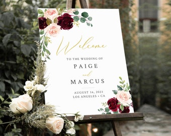 Burgundy Blush Editable Wedding Welcome Sign, Merlot Sign, Unlimited Custom Signs, 16 x 20 18 x 24 24 x 36 Template Instant Download 574-A