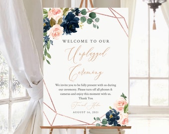 Rose Gold Geometric Floral Editable Unplugged Wedding Sign, Blush Navy Unplugged Ceremony Sign, 3 Sizes, Template, Instant Download 529-A