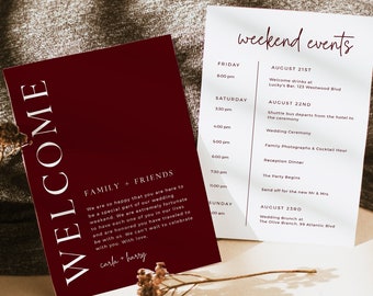 Editable Jewel Tone Welcome Bag Letter Itinerary, Printable Jewel Toned Wedding Timeline, Burgundy Order of Events Template, Download, 587-A