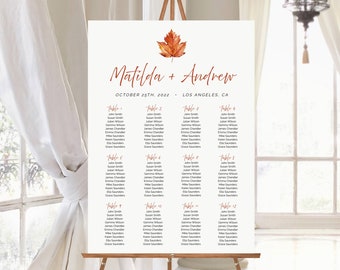 Fall Editable Table Plan, Maple Leaf Minimal Printable Seating Chart, 18 x 24 24 x 36, A1 A2, Seating Chart Template, Instant Download 567-A