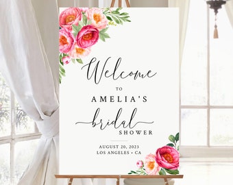 Fuchsia Coral Peonies Editable Bridal Shower Welcome Sign, Pink Floral Shower Sign, 16 x 20 18 x 24 24 x 36 Template, Instant Download 571-A