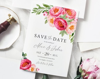 Editable Coral Fuchsia Peonies Floral Save the Date, Printable Save our Date DIY Template, Pink Floral, Instant Download 571-A