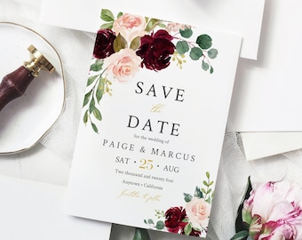 Editable Blush Gold Burgundy Floral Save the Date, Printable Save the Date DIY Template, Pink Floral Save Date, Instant Download, 574-A