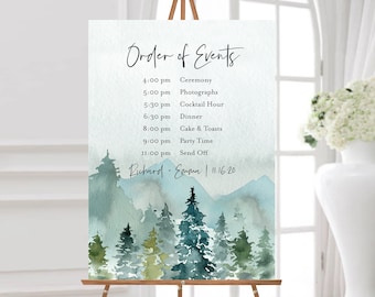Editable Mountains Order of Events Sign, Rustic Woodland Order of the Day Sign, Itinerary, Schedule, Timeline, Template Inst Download 531-A