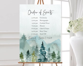 Editable Mountains Order of Events Sign, Rustic Woodland Order of the Day Sign, Itinerary, Schedule, Timeline, Template Inst Download 531-A