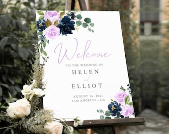 Editable Lilac Navy Floral Wedding Welcome Sign, Lavender Shower, Unlimited Signs, 16 x 20 18 x 24 24 x 36 Template Instant Download 556-A
