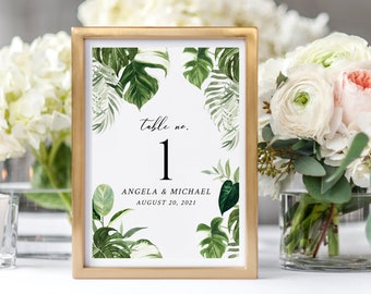 Editable Monstera Table Numbers, Tropical Greenery Printable Wedding Table Numbers, Banana Palm Template, Instant Download, Templett, 550-A