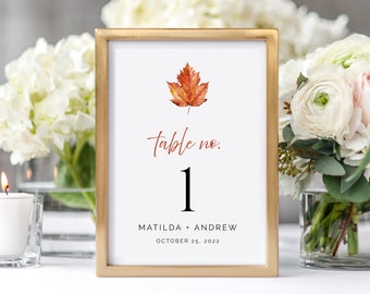 Printable Fall Modern Wedding Numbers, Maple Leaf Editable Table Numbers, Burnt Orange DIY Template, Autumn, Instant Download Templett 567-A