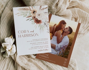 Editable Boho Photo Wedding Invite, Printable Pampas Grass Wedding Invitation, Terracotta Dried Flowers Template, Instant Download 590-A