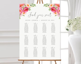 Editable Fuchsia Coral Blush Table Plan, Printable Floral Wedding Seating Chart, 18 x 24 24 x 36, A1 A2, Template, Instant Download, 571-A