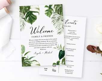 Editable Monstera Welcome Bag Letter Itinerary, Tropical Greenery Wedding Timeline Printable Order of Events Template Instant Download 550-A