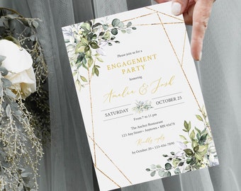 Foliage Gold Engagement Party Invitation, Editable Greenery Gold Geometric Invite, DIY Template, Instant Download, Templett, 538-A