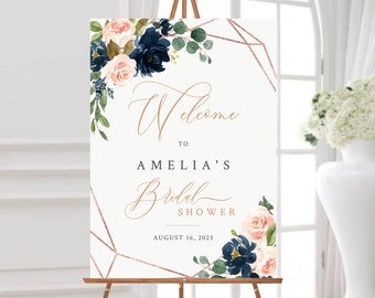 Editable Navy Blush Rose Gold Floral Bridal Shower Welcome Sign, Geometric Shower Sign, 16 x 20 18 x 24 24 x 36 Template Inst Download 529-A